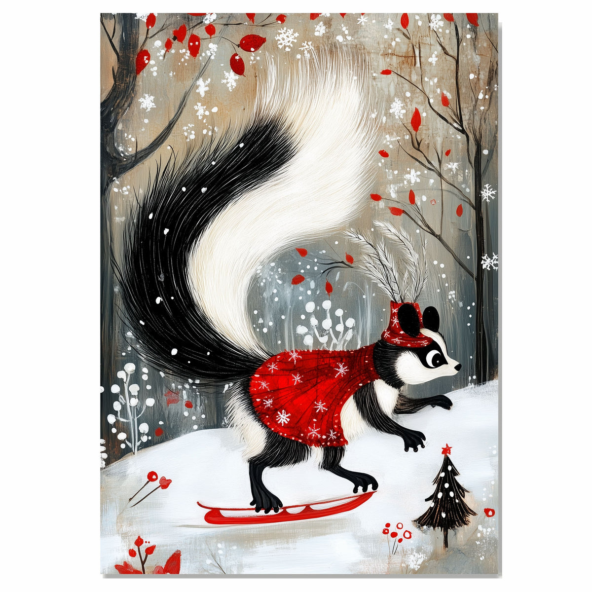 Whimsical Christmas Skunk in Feathered Hat – Red Cape Ice Skating Winter Animal Art Print, Elegant Holiday Woodland Decor, Cozy Christmas Nursery Wall Art on Ready to Hang 1.5" Thick Canvas Wrap, Floating Framed Canvas, Flat Rolled Canvas