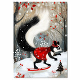Whimsical Christmas Skunk in Feathered Hat – Red Cape Ice Skating Winter Animal Art Print, Elegant Holiday Woodland Decor, Cozy Christmas Nursery Wall Art on Ready to Hang 1.5" Thick Canvas Wrap, Floating Framed Canvas, Flat Rolled Canvas