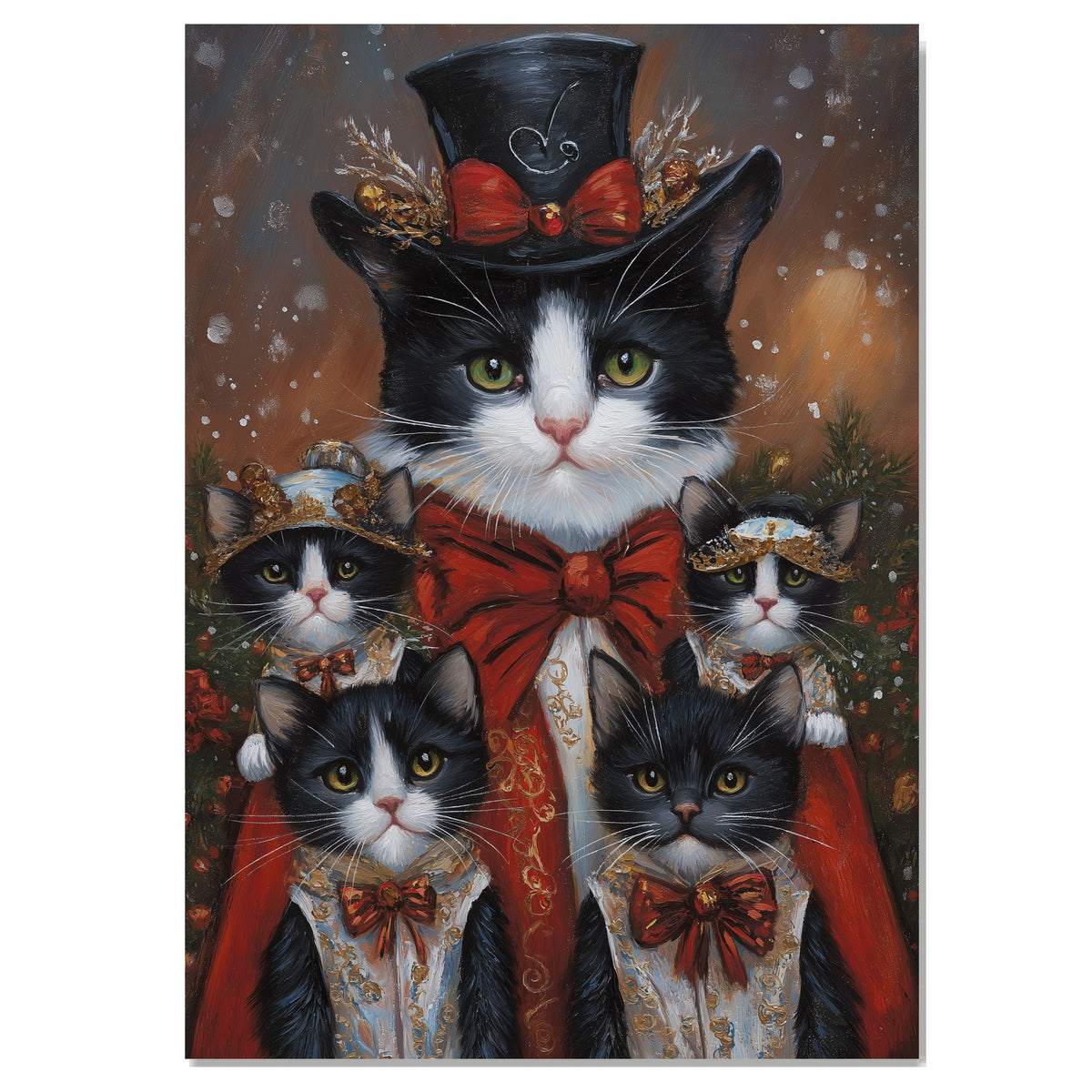 Victorian Yuletide Charm: Tuxedo Cat Mom with Four Kittens in Red Ribbons on Ready to Hang 1.5" Thick Canvas Wrap, Floating Framed Canvas, Flat Rolled Canvas