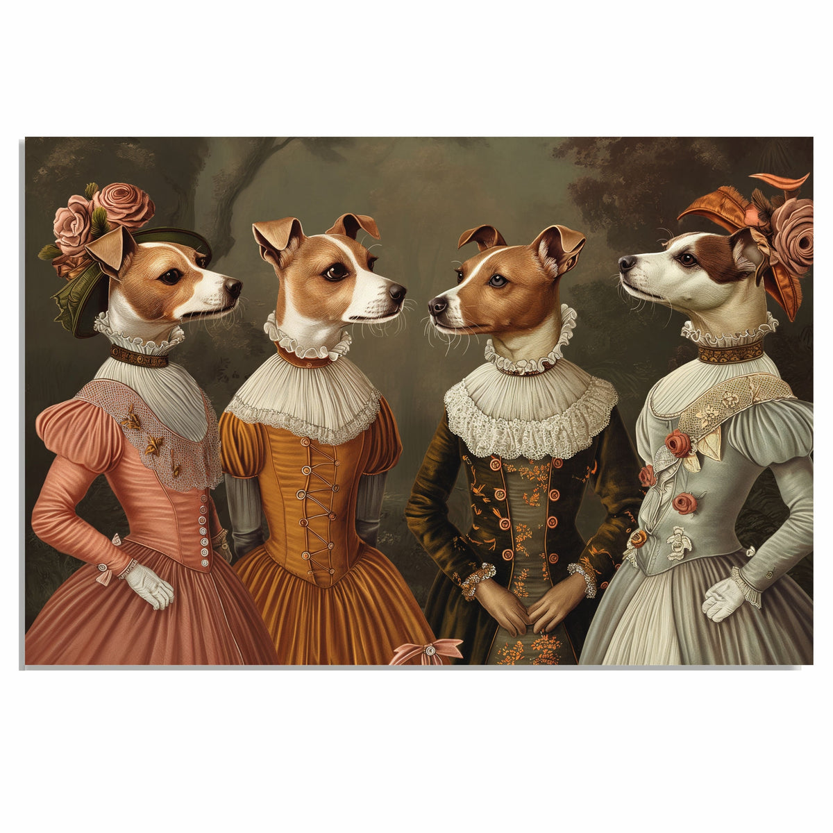 Victorian Dog Art Print Featuring Four Jack Russell Dogs in Elegant Dresses Regal Hand Drawn Pet Portrait Illustration for Unique Gift or Wall Home Decor on Ready to Hang 1.5" Thick Canvas Wrap, Floating Framed Canvas, Flat Rolled Canvas