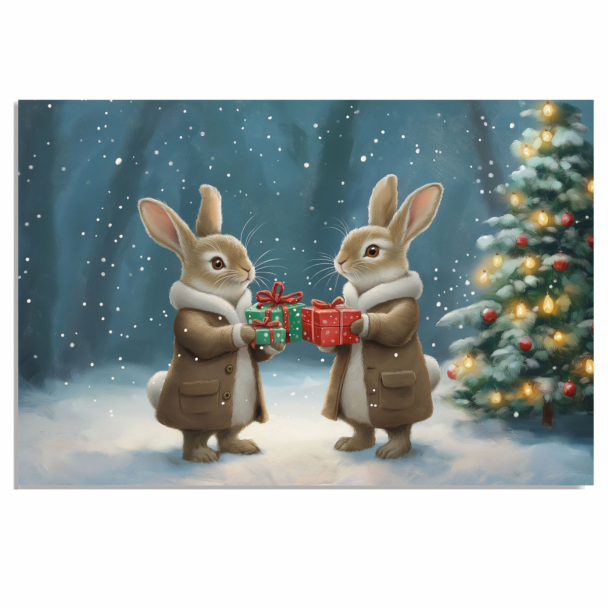 "Enchanted Forest Cheer: Bunnies Exchanging Gifts" Ð Cozy Winter Scene on Ready to Hang 1.5" Thick Canvas Wrap, Floating Framed Canvas, Flat Rolled Canvas