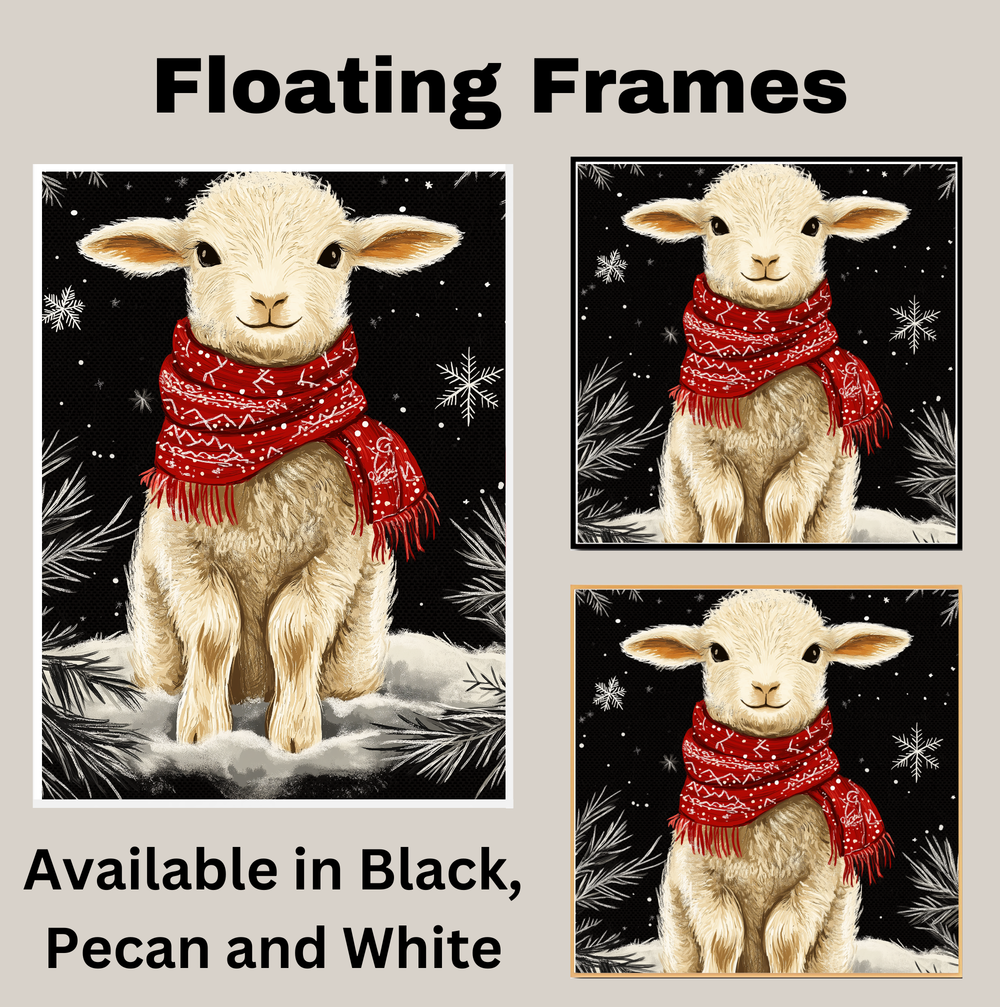 Lamb with Red Scarf Sitting in Winter Snow, Christmas Holiday Painting on 1.5" Thick Canvas Wrap, Floating Framed Canvas, Flat Rolled Canvas, Oversized Stretched Canvas Wall Art