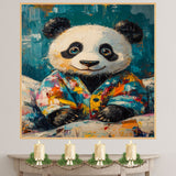 Expressive Painting of a Cute Panda Bear in a Colorful Jacket Sitting Peacefully with a Gentle Smile in a Bold Textured Style on Ready to Hang 1.5" Thick Canvas Wrap, Floating Framed Canvas, Flat Rolled Canvas