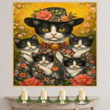 Graceful Blooms: Tuxedo Cat Mom in Victorian Attire Carrying Four Kittens on Ready to Hang 1.5" Thick Canvas Wrap, Floating Framed Canvas, Flat Rolled Canvas