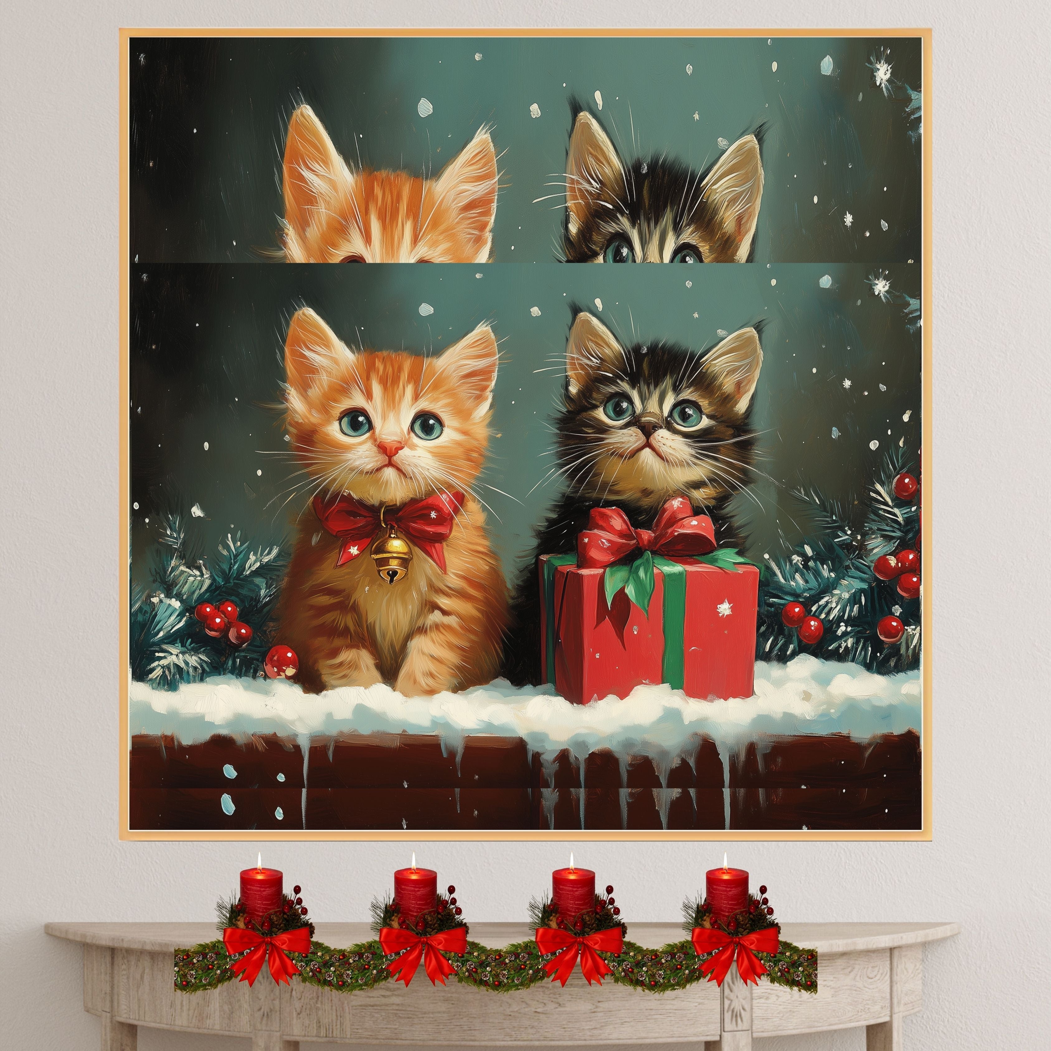 "Snowy Paws: Adorable Kittens in Winter Wonderland" Ð Cute Cats Playing in the Snow on Ready to Hang 1.5" Thick Canvas Wrap, Floating Framed Canvas, Flat Rolled Canvas