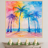 Vibrant Rainbow Palm Trees Watercolor Painting with Colorful Tropical Sky and Tranquil Ocean Beach Background on Ready to Hang 1.5" Thick Canvas Wrap, Floating Framed Canvas, Flat Rolled Canvas