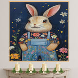 Bunny Wall Art Whimsical Rabbit in Blue Overalls with Flowers Cute Farmhouse Decor for Nursery Bedroom or Gifts for Animal Lovers and Country Cottage Homes on Ready to Hang 1.5" Thick Canvas Wrap, Floating Framed Canvas, Flat Rolled Canvas