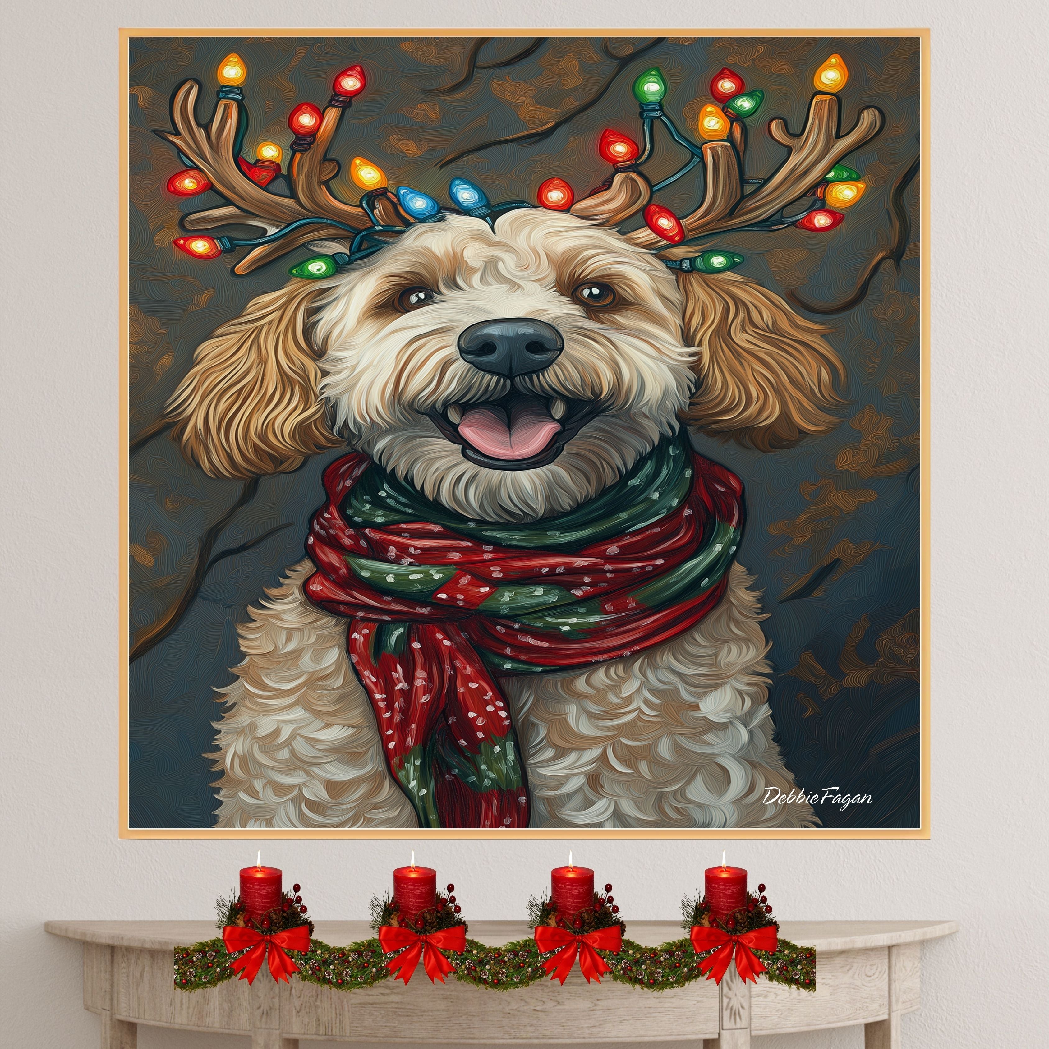 Rustic Merriment' - Bernedoodle Dog with Festive Antlers & Warm Scarf on Rustic Canvas Ready to Hang 1.5" Thick Canvas Wrap, Floating Framed Canvas, Flat Rolled Canvas