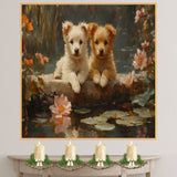 Two Adorable Fluffy Puppies by a Lily Pond with Flowers, Impressionist Style Painting, Peaceful Nature Scene with Water Reflections and Blossoms on Ready to Hang 1.5" Thick Canvas Wrap, Floating Framed Canvas, Flat Rolled Canvas