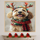 Rustic Joy' - Bernedoodle Dog with Lighted Antlers & Cozy Scarf on Rustic Canvas, Ready to Hang 1.5" Thick Canvas Wrap, Floating Framed Canvas, Flat Rolled Canvas