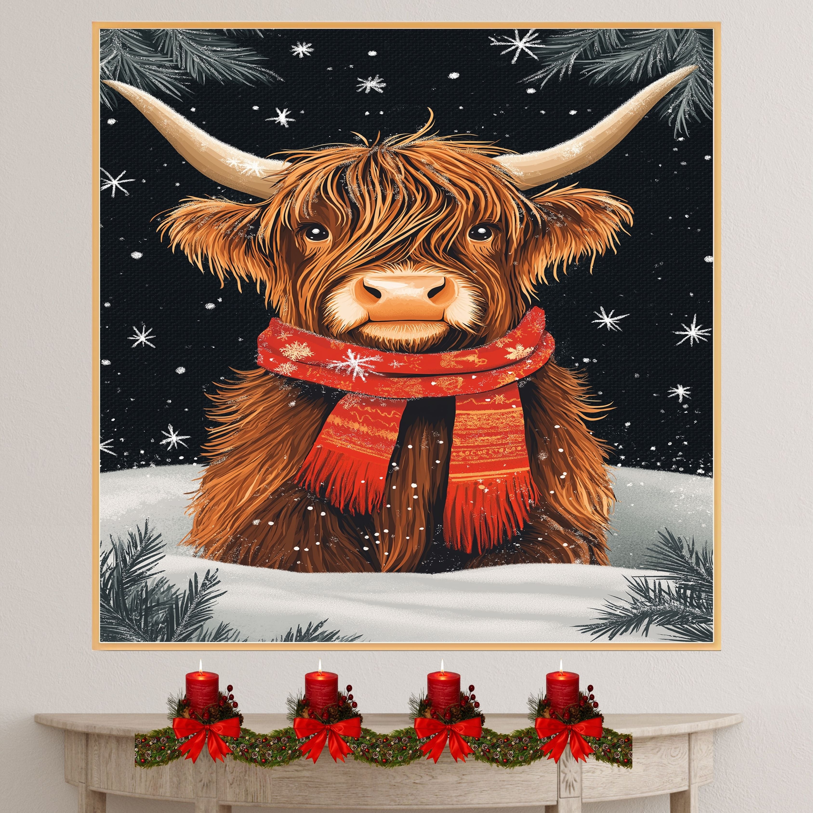 "Highland Winter Charm" - Highland Cow in Red Scarf Resting in Snow on Ready to Hang 1.5" Thick Canvas Wrap, Floating Framed Canvas, Flat Rolled Canvas