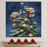 Two Baby Elephants in Scarves Gazing at Christmas Star on Tree Top in Winter Night Scene Holiday Art Print for Nursery or Seasonal Home Wall Display on Ready to Hang 1.5" Thick Canvas Wrap, Floating Framed Canvas, Flat Rolled Canvas