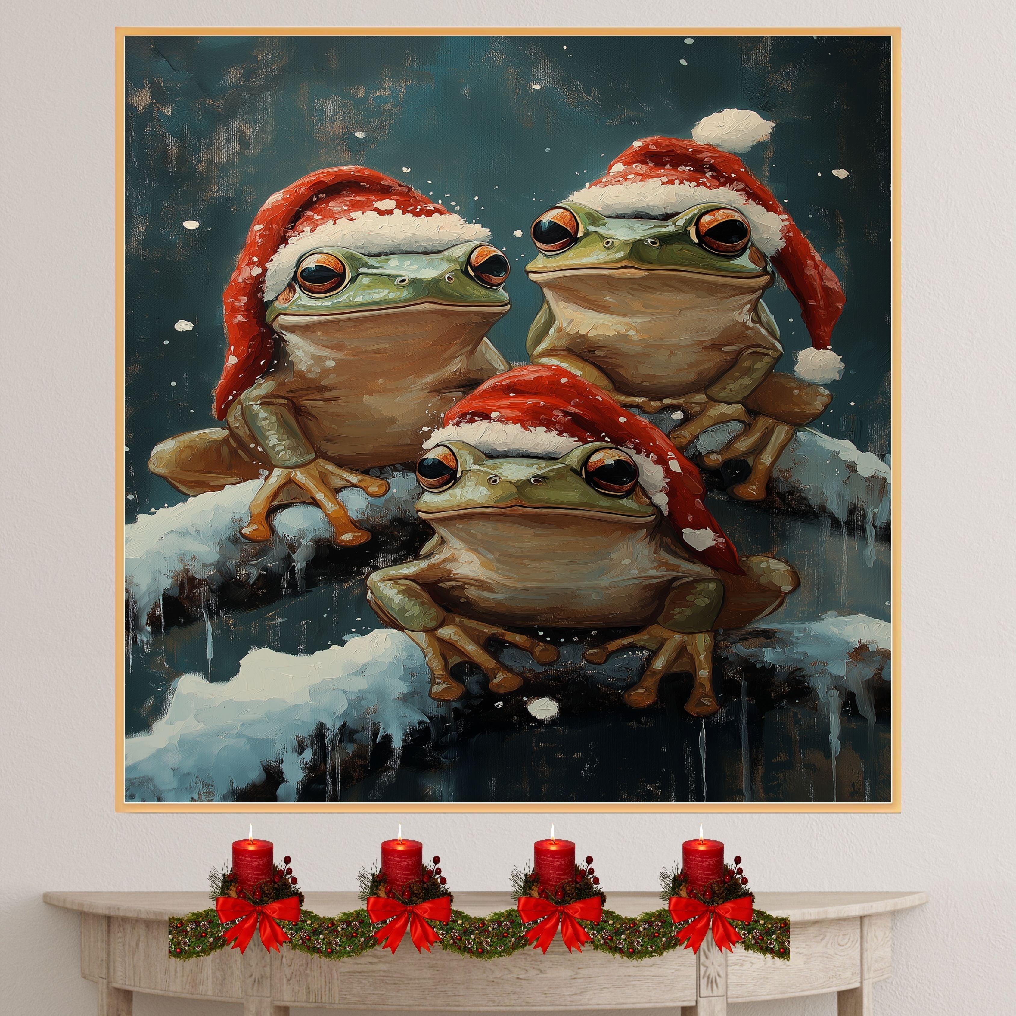 Christmas Frogs in Santa Hats Festive Tree Frogs Sitting on Snowy Branches Adorable Winter Holiday Decoration for Home Office or Christmas Gifts on Ready to Hang 1.5" Thick Canvas Wrap, Floating Framed Canvas, Flat Rolled Canvas