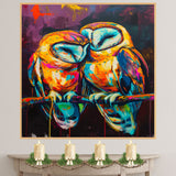 Expressive Barn Owl Pair Artwork Featuring Vibrant Brushstroke Colors in Orange Blue and Pink Perched on a Branch with Bold Abstract Purple Background on Ready to Hang 1.5" Thick Canvas Wrap, Floating Framed Canvas, Flat Rolled Canvas