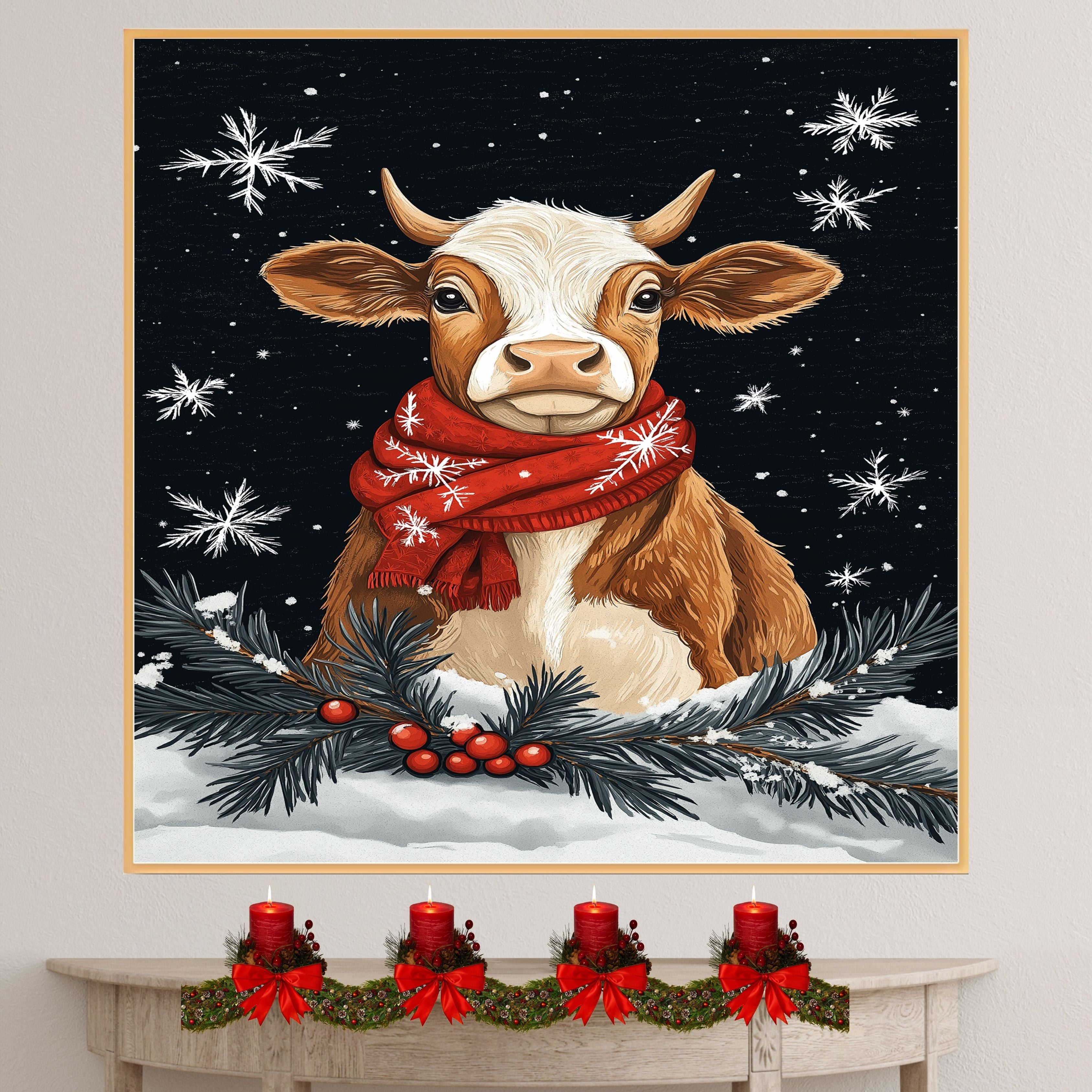 "Winter Bliss Cow" - Cow in Red Scarf Sitting in Snow on Ready to Hang 1.5" Thick Canvas Wrap, Floating Framed Canvas, Flat Rolled Canvas