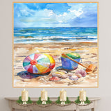 Watercolor Beach Scene with Colorful Ball Blue Bucket Shells and Shovel on Sandy Shore with Ocean Waves and Bright Sky on Ready to Hang 1.5" Thick Canvas Wrap, Floating Framed Canvas, Flat Rolled Canvas