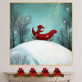 Whimsical Christmas Dachshund in Red Sleigh on Snowy Hill Under Teal Sky Playful Winter Dog Art for Holiday Home Décor and Animal Lovers on Ready to Hang 1.5" Thick Canvas Wrap, Floating Framed Canvas, Flat Rolled Canvas