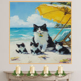 Seaside Whiskers: Tuxedo Cat Mom and Three Kittens Under a Beach Umbrella on Ready to Hang 1.5" Thick Canvas Wrap, Floating Framed Canvas, Flat Rolled Canvas