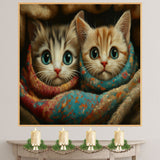 Painting of Two Adorable Kittens Wrapped in Colorful Patterned Blankets with Big Blue Eyes and Soft Fur Snuggled Together in a Warm Cozy and Whimsical Setting on Ready to Hang 1.5" Thick Canvas Wrap, Floating Framed Canvas, Flat Rolled Canvas