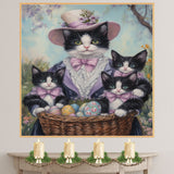 Springtime Surprise: Tuxedo Cat Mom Carrying Three Kittens in a Basket of Easter Eggs - Delightful Holiday Painting on Ready to Hang 1.5" Thick Canvas Wrap, Floating Framed Canvas, Flat Rolled Canvas