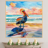 Vibrant Pelican Watercolor Painting with Colorful Ocean Waves and Sunset Reflection Scene on Ready to Hang 1.5" Thick Canvas Wrap, Floating Framed Canvas, Flat Rolled Canvas