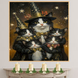 Enchanted Twilight: Tuxedo Cat Mom and Four Kittens in Wonderland on Ready to Hang 1.5" Thick Canvas Wrap, Floating Framed Canvas, Flat Rolled Canvas