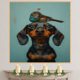 Playful Black and Tan Dachshund with Colorful Bird on Head Whimsical Pet Illustration for Nursery or Kids Room Fun Art Print for Dog and Animal Lovers on Ready to Hang 1.5" Thick Canvas Wrap, Floating Framed Canvas, Flat Rolled Canvas