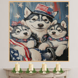 Red, White & Woof: Siberian Husky Mom with Two Puppies in a Patriotic Setting - Proud American-Themed Painting on Ready to Hang 1.5" Thick Canvas Wrap, Floating Framed Canvas, Flat Rolled Canvas