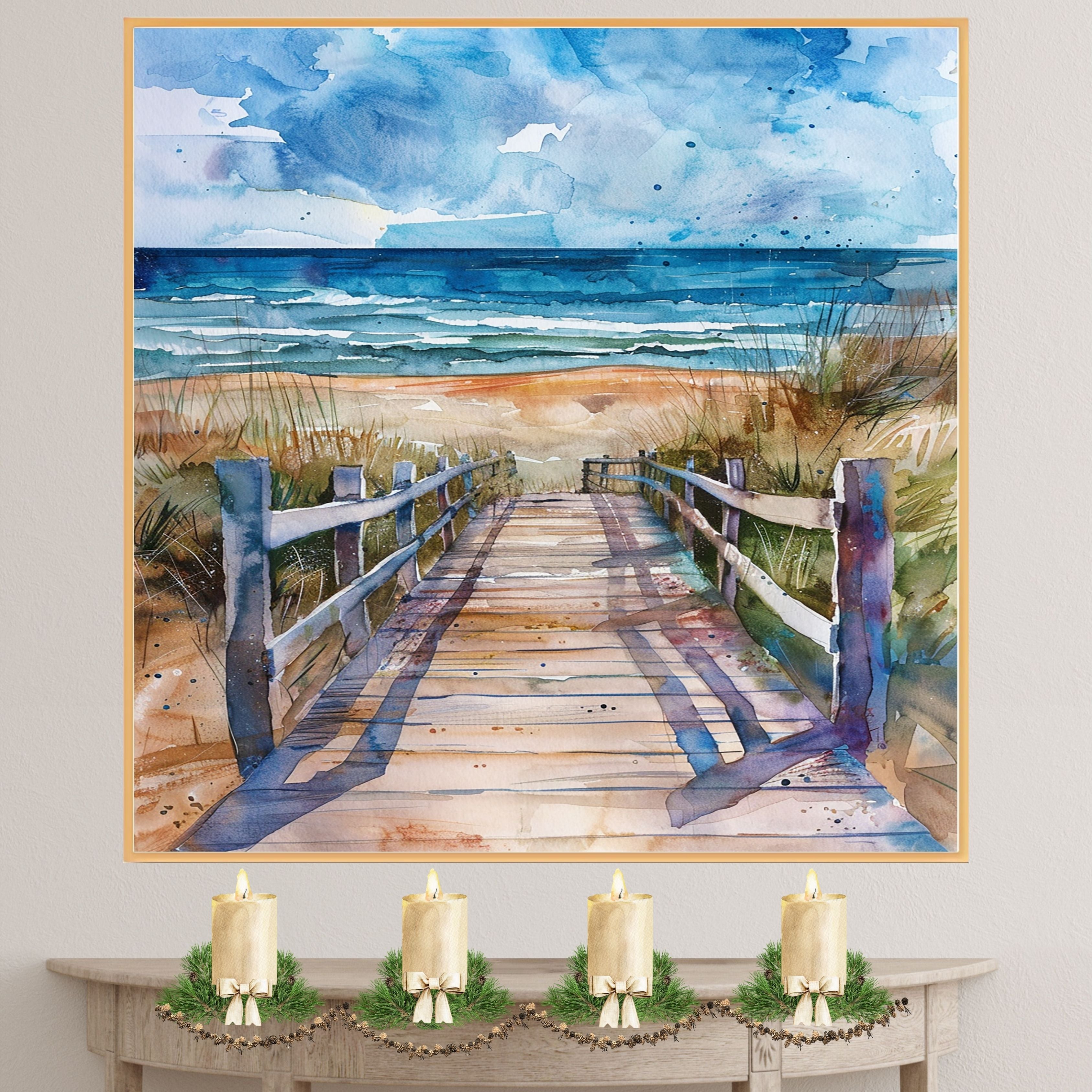 Dramatic Coastal Boardwalk Watercolor Painting – Path to the Ocean with Windswept Dunes and Stormy Sky on Ready to Hang 1.5" Thick Canvas Wrap, Floating Framed Canvas, Flat Rolled Canvas