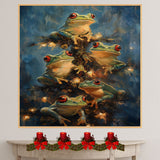 Christmas Frogs Canvas Wall Art – Retro Tree Climbing Frogs with Lights – Whimsical Holiday Décor Print with Red-Eyed Tree Frogs in Festive Setting on Ready to Hang 1.5" Thick Canvas Wrap, Floating Framed Canvas, Flat Rolled Canvas