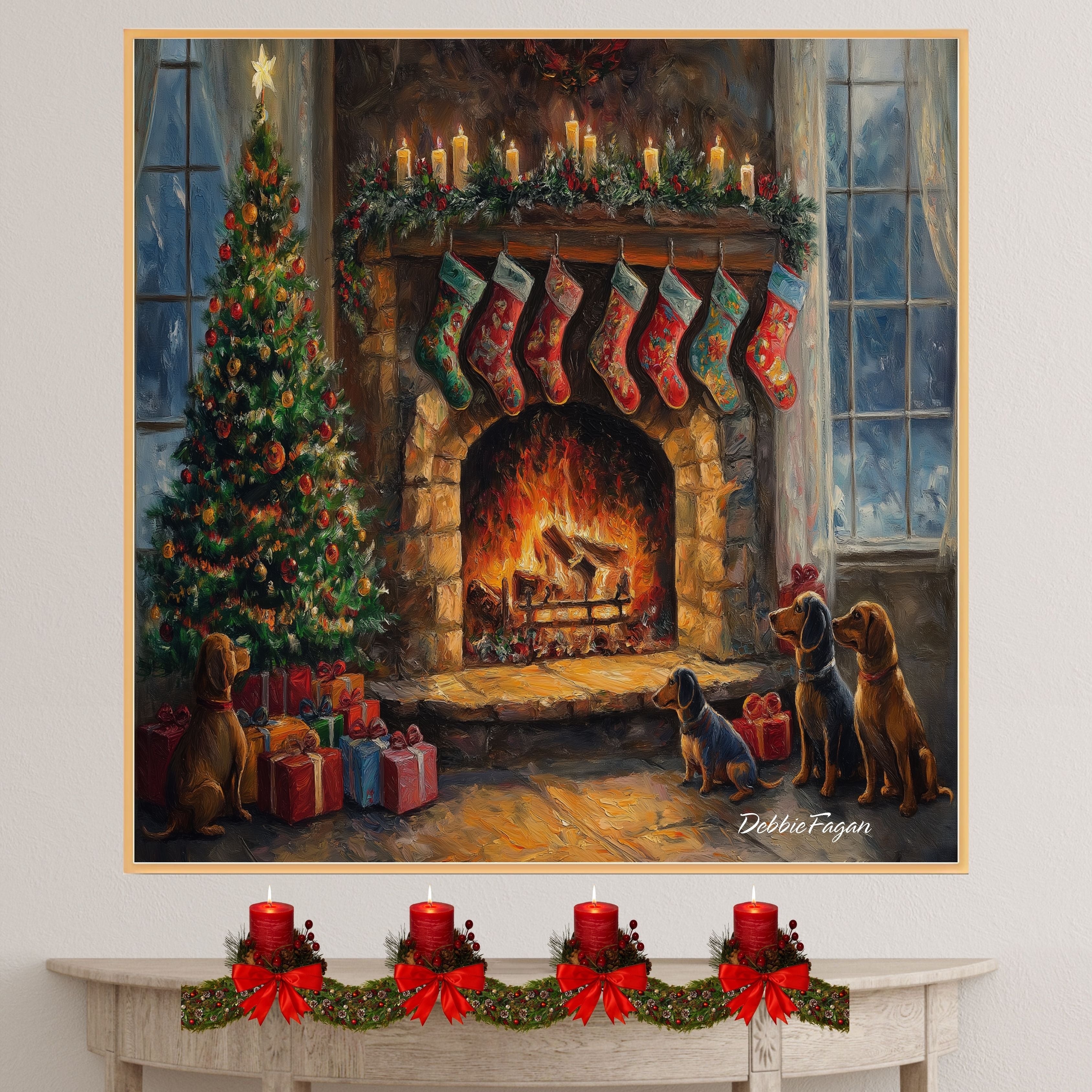 Dachshund Christmas Canvas - "Doxie Fireside Dreams" - Wiener Dogs by a Crackling Fireplace During a Winter Storm on Ready to Hang 1.5" Thick Canvas Wrap, Floating Framed Canvas, Flat Rolled Canvas