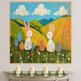 Whimsical Easter Bunnies with Colorful Eggs and Rolling Hills – Folk Art Spring Wall Decor Print on Ready to Hang 1.5" Thick Canvas Wrap, Floating Framed Canvas, Flat Rolled Canvas