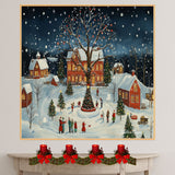 Christmas Folk Art Scene with Snowy Village, Lit Windows, Decorated Trees, and Families Celebrating Under Snowfall on Ready to Hang 1.5" Thick Canvas Wrap, Floating Framed Canvas, Flat Rolled Canvas