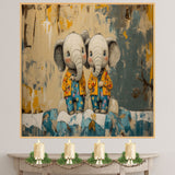 Whimsical Painting of Two Cute Baby Elephants in Colorful Outfits Sitting Together with Playful Expressions Against an Artistic Abstract Background on Ready to Hang 1.5" Thick Canvas Wrap, Floating Framed Canvas, Flat Rolled Canvas