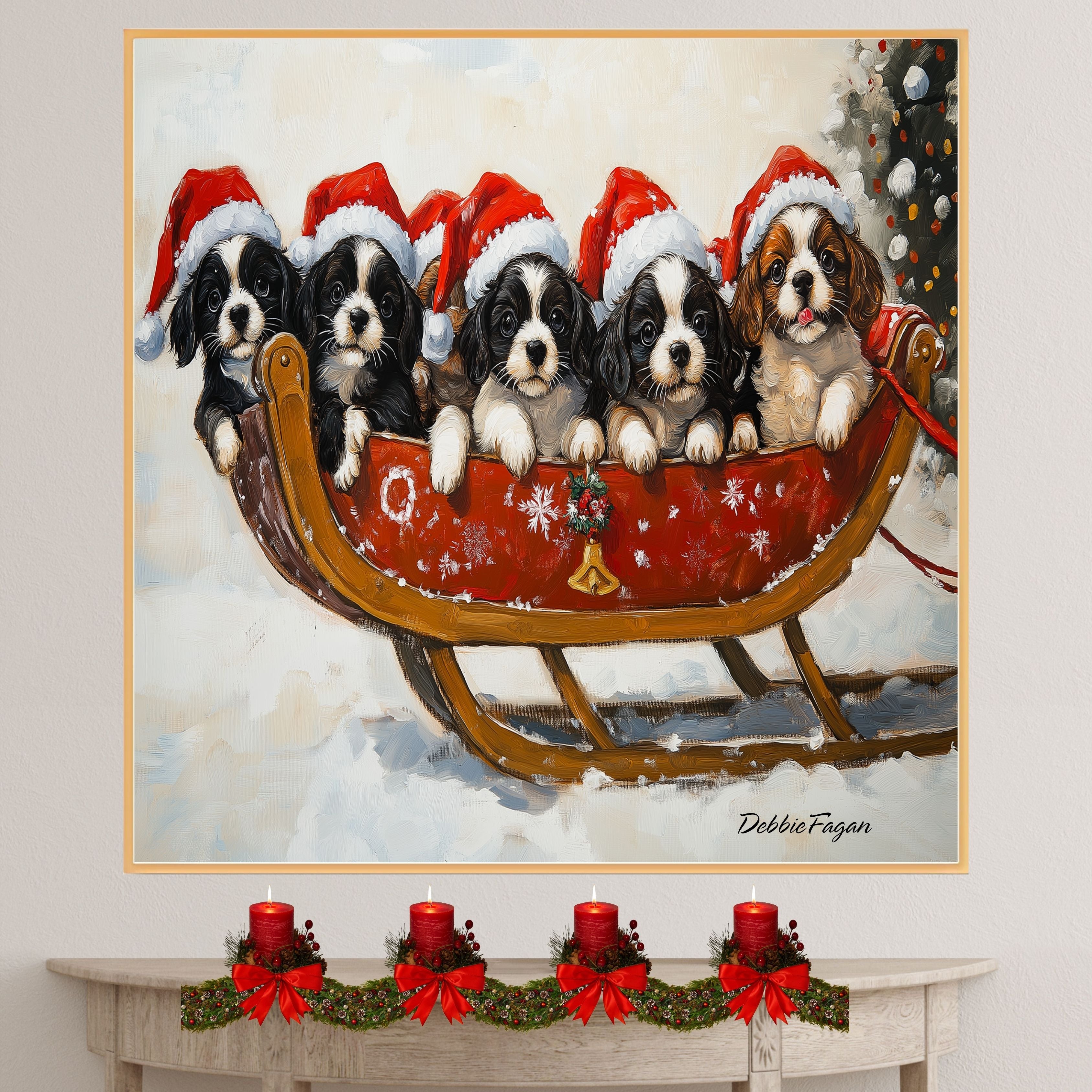 Dog Christmas Canvas  - "Santa's Little Helpers" - Adorable Puppies in Santa Hats on a Sleigh in a Winter Wonderland on Ready to Hang 1.5" Thick Canvas Wrap, Floating Framed Canvas, Flat Rolled Canvas