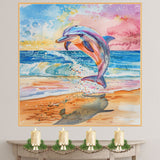 Watercolor Painting of Vibrant Dolphin Leaping Above Ocean Shore with Splashing Waves and Sunset Reflections on the Sand on Ready to Hang 1.5" Thick Canvas Wrap, Floating Framed Canvas, Flat Rolled Canvas