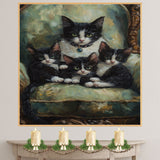 Elegant Victorian Lounge: Tuxedo Cat Mom with Three Kittens on a European Couch on Ready to Hang 1.5" Thick Canvas Wrap, Floating Framed Canvas, Flat Rolled Canvas
