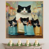 Retail Therapy: Tuxedo Cat Mom with Three Kittens in Chic Paper Bags on Ready to Hang 1.5" Thick Canvas Wrap, Floating Framed Canvas, Flat Rolled Canvas