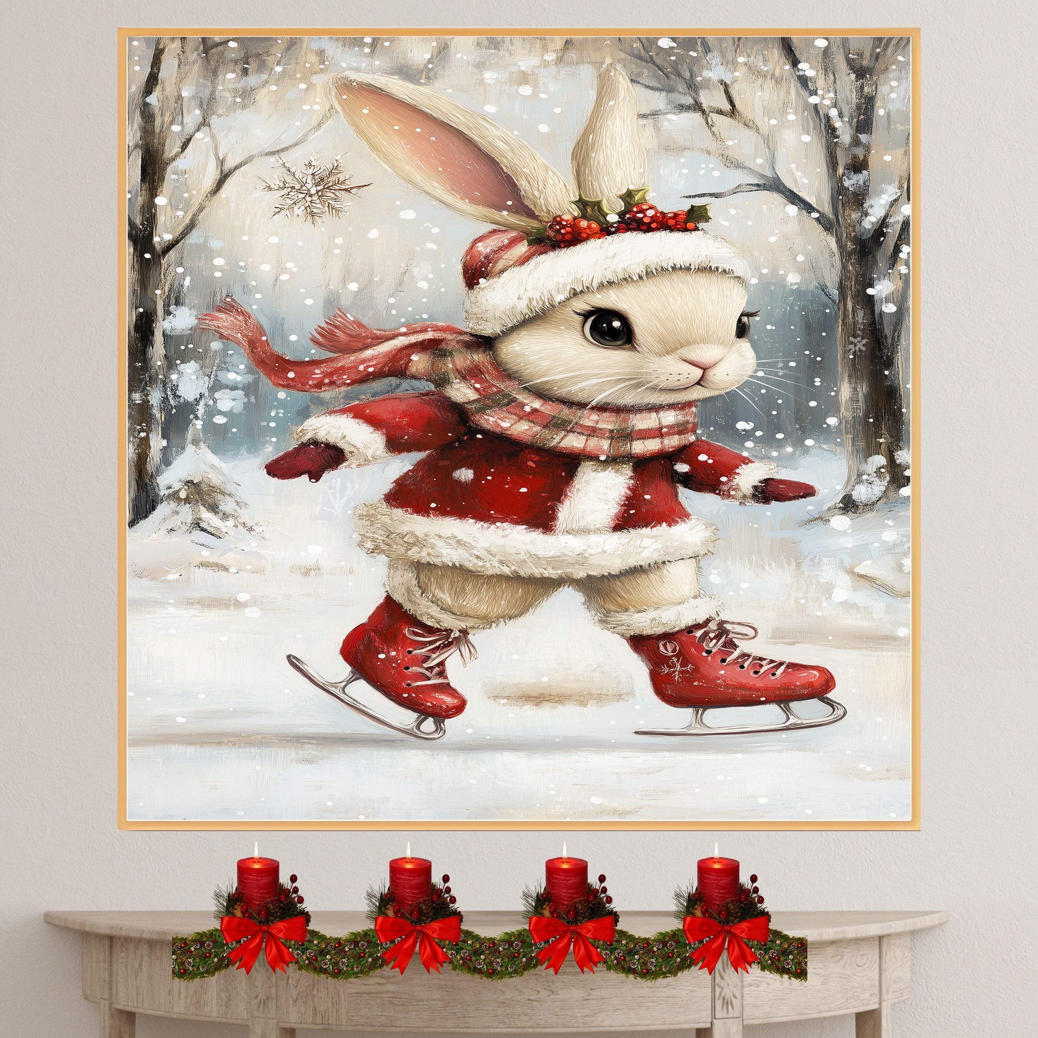 Christmas Wall Art Featuring Ice Skating Bunny in Red Coat and Holly Crown Whimsical Holiday Illustration for Winter Home Decor and Animal Lovers