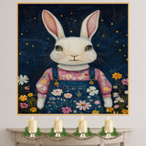 Whimsical White Bunny in Floral Overalls Hand Painted Art Dreamy Starry Night Scene Perfect for Nursery Kids Room Home Wall Decor Bedroom or Gift on Ready to Hang 1.5" Thick Canvas Wrap, Floating Framed Canvas, Flat Rolled Canvas