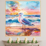 Seagull by Ocean Shore in Vivid Sunset Watercolor Scene with Crashing Waves and Colorful Sky Background on Ready to Hang 1.5" Thick Canvas Wrap, Floating Framed Canvas, Flat Rolled Canvas