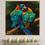 Striking Parrot Pair Artwork Featuring Vibrant Blue and Orange Feathers with Tropical Details Perched on a Branch Against a Lush Dark Jungle Background on Ready to Hang 1.5" Thick Canvas Wrap, Floating Framed Canvas, Flat Rolled Canvas
