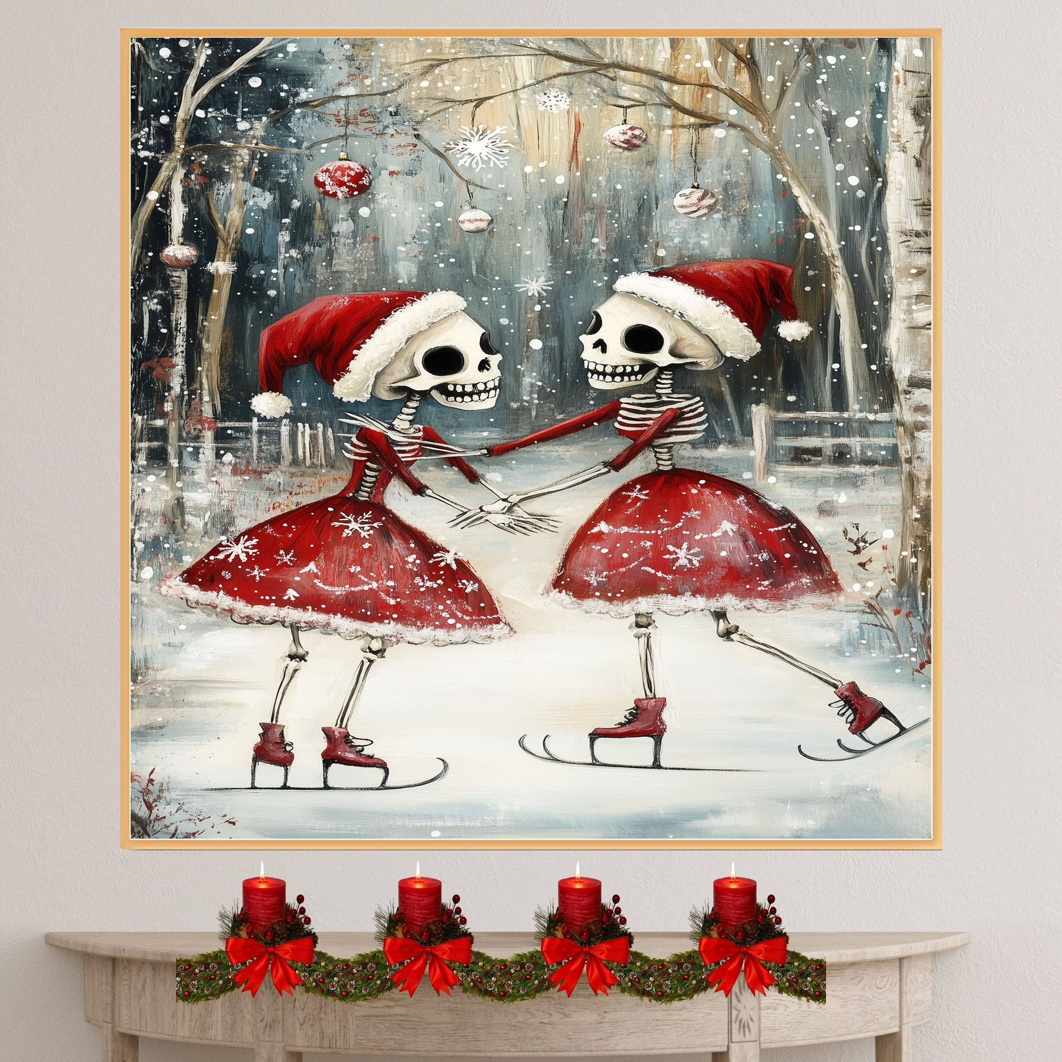 Whimsical Skeleton Ice Skating Christmas Print – Gothic Holiday Art with Dancing Skeletons in Santa Hats, Spooky Winter Scene, Quirky Festive Wall Decor on Ready to Hang 1.5" Thick Canvas Wrap, Floating Framed Canvas, Flat Rolled Canvas