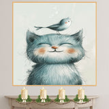 Charming Illustration of Smiling Blue Kitten with Tiny Bird on Head – Whimsical Animal Art Print Perfect for Nursery Decor or Gifts for Cat and Bird Lovers on Ready to Hang 1.5" Thick Canvas Wrap, Floating Framed Canvas, Flat Rolled Canvas