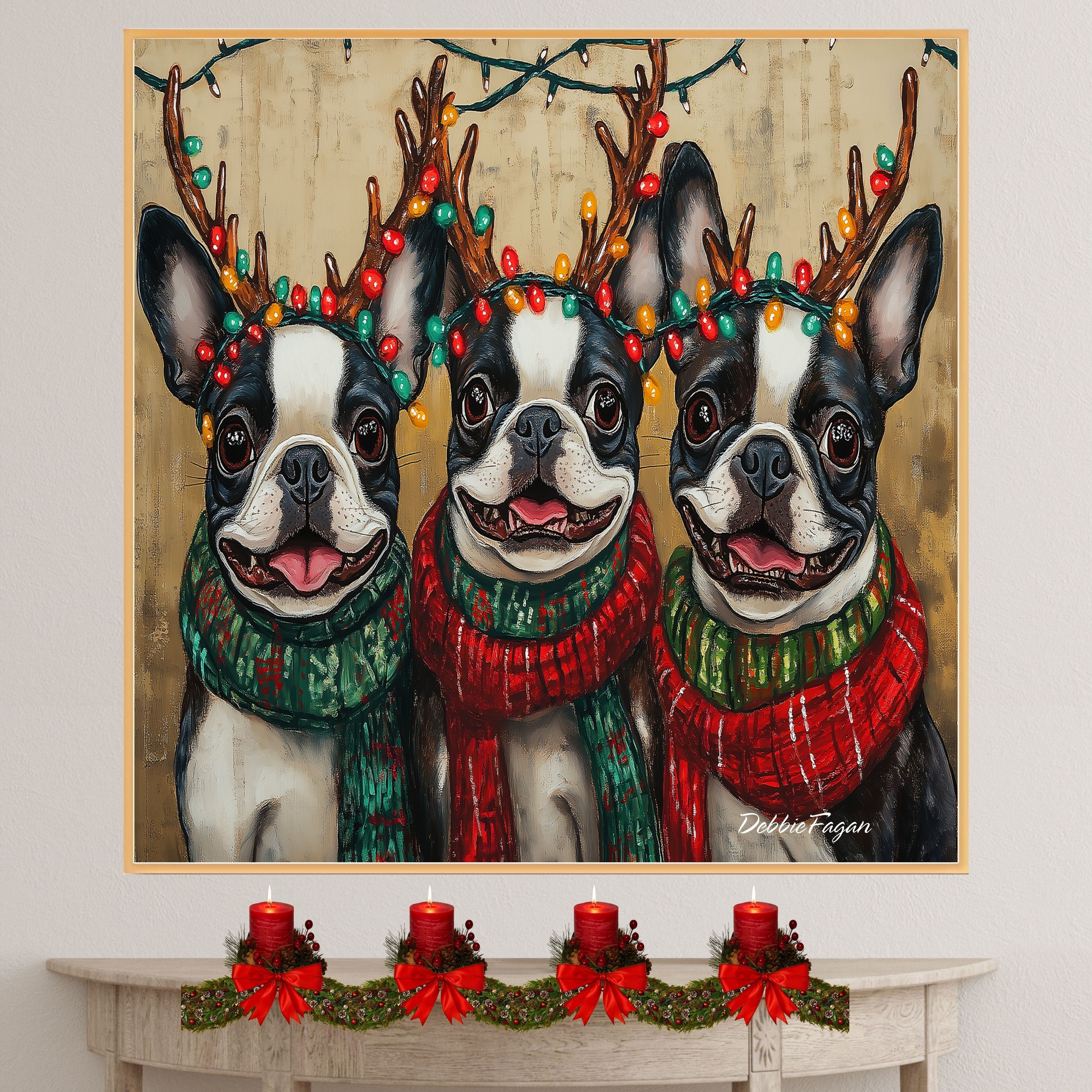 "Festive Frenchies" - Portraits of Adorable French Buldogs in Colorful Bulb Antlers & Cozy Scarves on Ready to Hang 1.5" Thick Canvas Wrap, Floating Framed Canvas, Flat Rolled Canvas