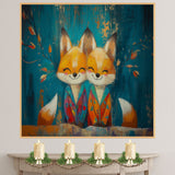 Joyful Painting of Two Foxes in Bright Pajamas with Happy Faces Sitting Side by Side Under Autumn Branches on a Deep Teal and Orange Textured Background on Ready to Hang 1.5" Thick Canvas Wrap, Floating Framed Canvas, Flat Rolled Canvas