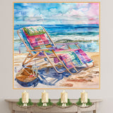 Watercolor Painting of Plaid Beach Chair and Woven Basket on Sandy Shore with Colorful Blanket and Gentle Ocean Waves on Ready to Hang 1.5" Thick Canvas Wrap, Floating Framed Canvas, Flat Rolled Canvas