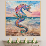 Fantasy Seahorse Watercolor Painting with Rainbow Scales and Sunset Ocean Background on Ready to Hang 1.5" Thick Canvas Wrap, Floating Framed Canvas, Flat Rolled Canvas