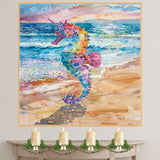 Watercolor Painting of a Colorful Seahorse by the Sea with Ocean Waves and Sandy Shoreline on Ready to Hang 1.5" Thick Canvas Wrap, Floating Framed Canvas, Flat Rolled Canvas