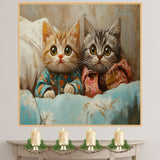 Painting of Two Cute Kittens in Colorful Pajamas Sitting Together Under a Blanket with Big Eyes and Soft Fur in a Cozy Setting with Warm Expressive Brush Strokes on Ready to Hang 1.5" Thick Canvas Wrap, Floating Framed Canvas, Flat Rolled Canvas